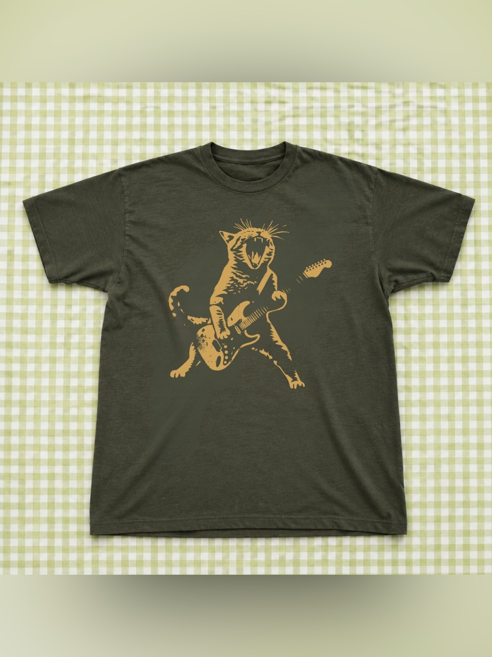 Forest Green Cat Guitar Graphic Tee - Unbranded Metal Retro Style All Size
